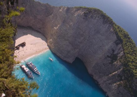 Boat tour arriving at Navagio Beach Zakynthos
